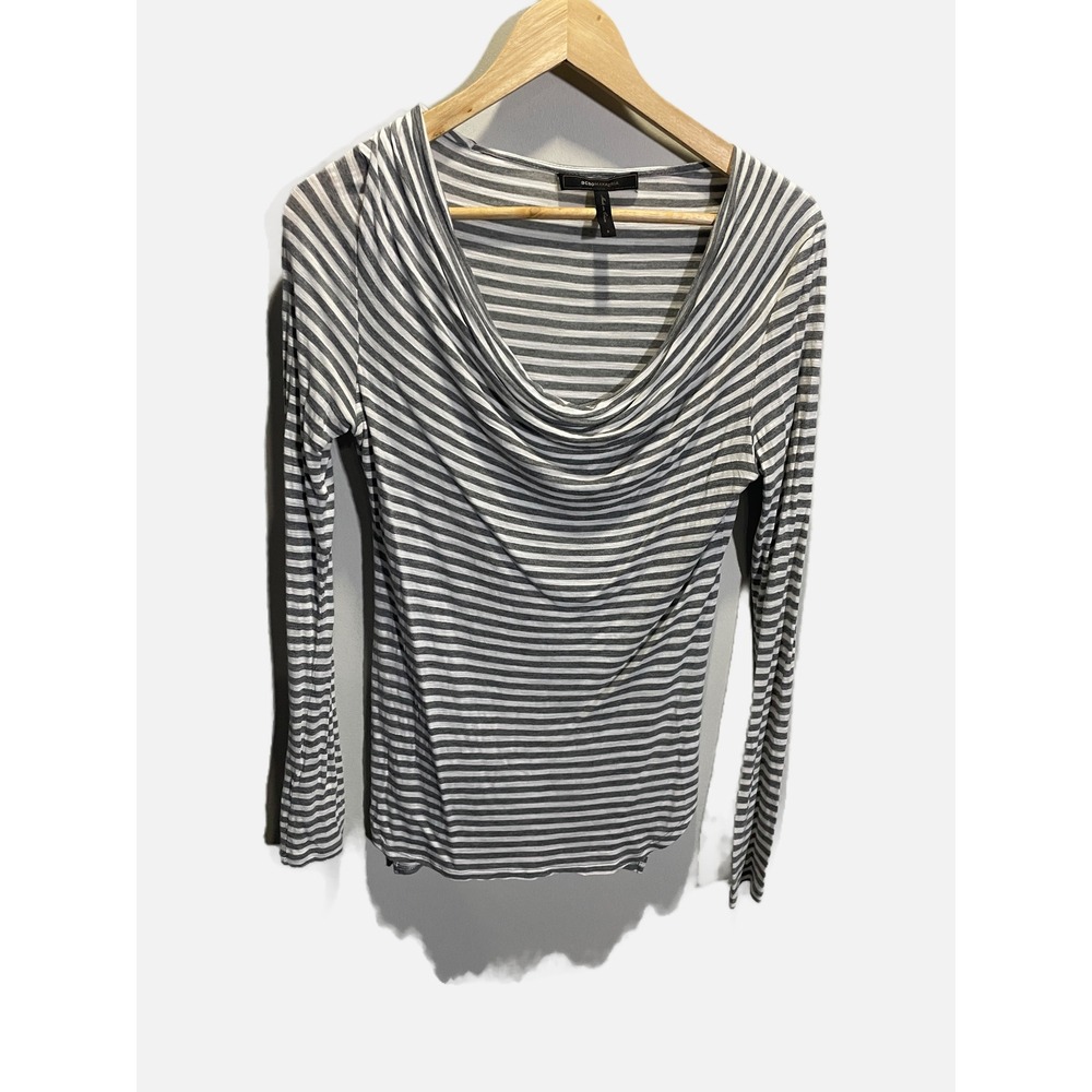 BCBGMAXAZRIA Cowl Neck Top Womens Small Grey Stripe Long Sleeve Casual Chic Y2K